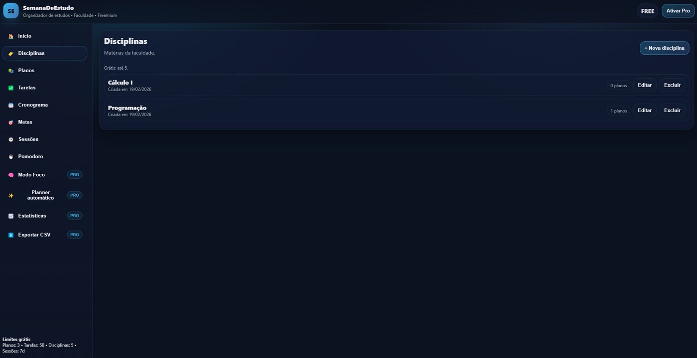 Tela de disciplinas do SemanaDeEstudo