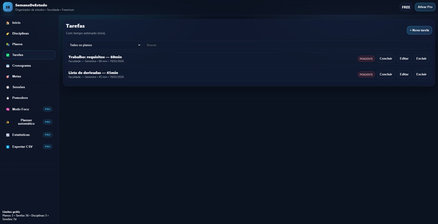 Tela de tarefas do SemanaDeEstudo